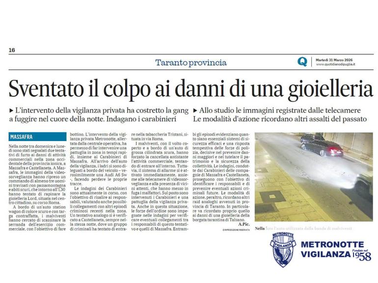 MASSAFRA (TA) - Furto sventato, decisivo l’intervento della vigilanza privata METRONOTTE