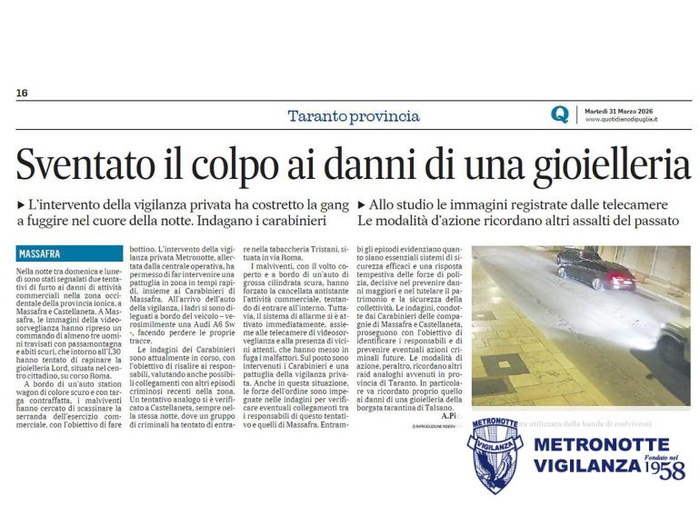 MASSAFRA (TA) - Furto sventato, decisivo l’intervento della vigilanza privata METRONOTTE