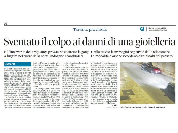 MASSAFRA (TA) - Furto sventato, decisivo l’intervento della vigilanza privata METRONOTTE